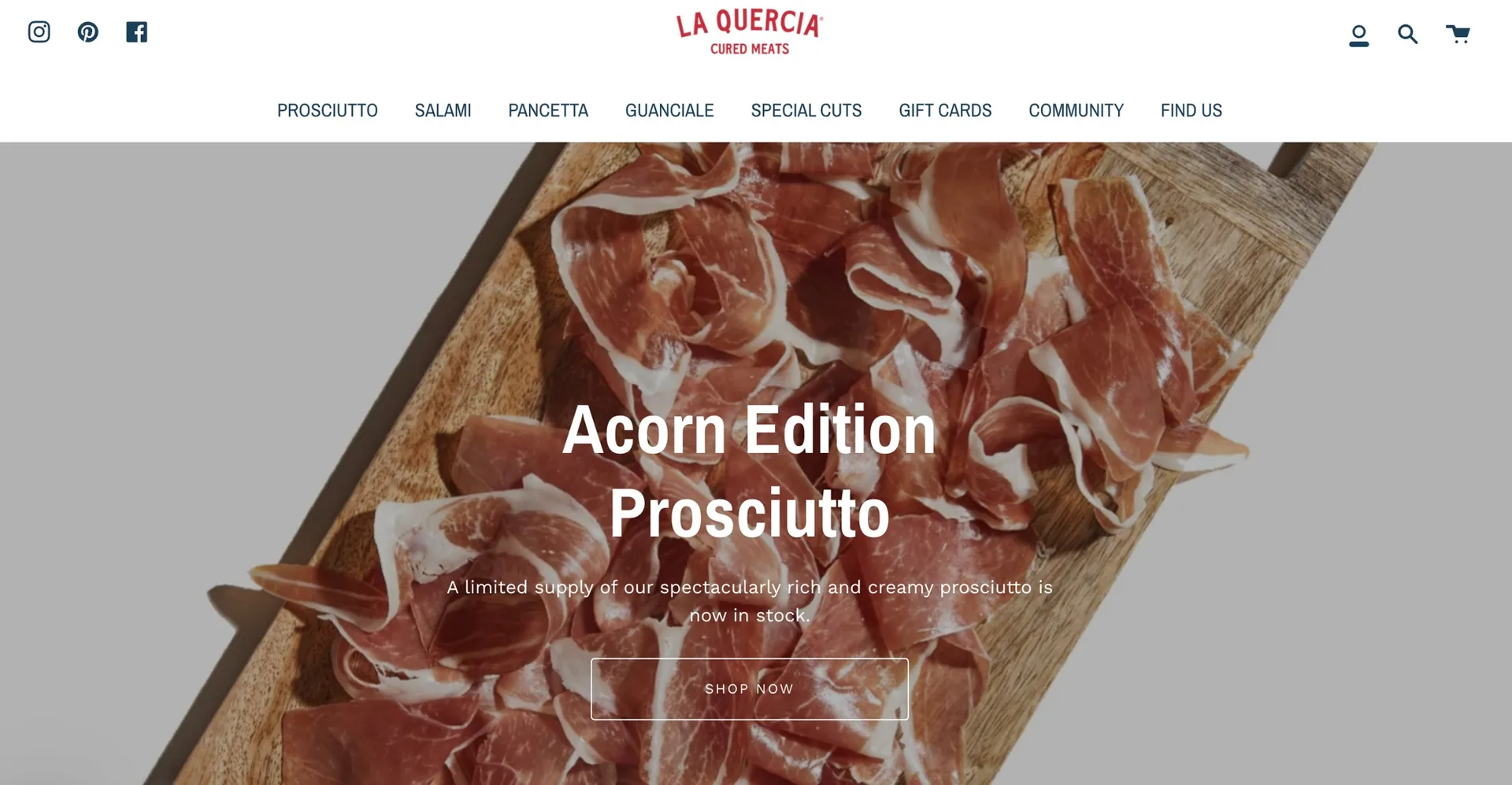 La Quercia’s website featuring Acorn Edition Prosciutto
